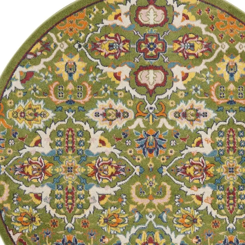 4' Green Red And Orange Floral Medallion Round Rug Photo 3