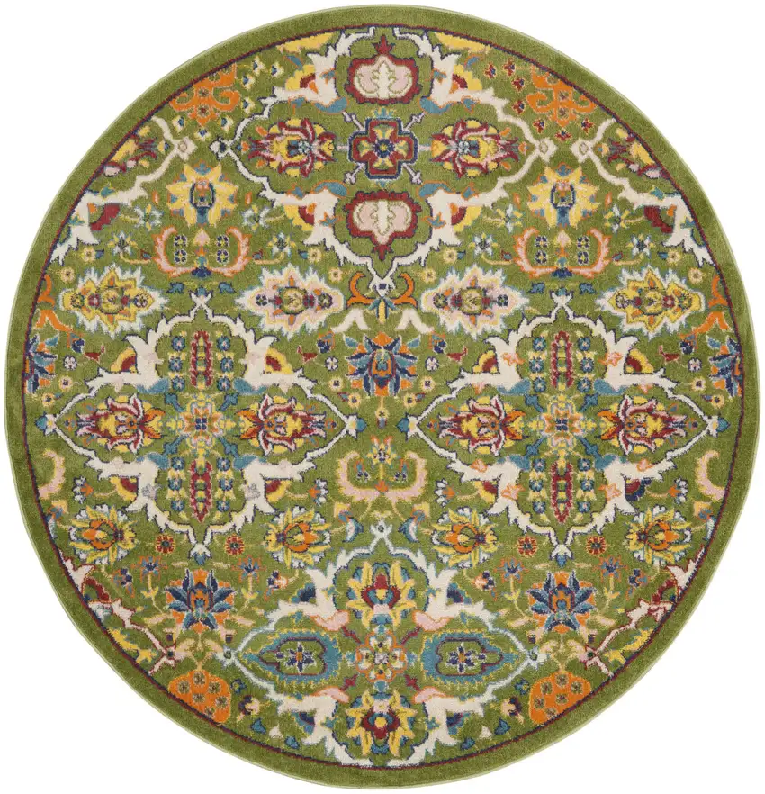 4' Green Red And Orange Floral Medallion Round Rug Photo 4