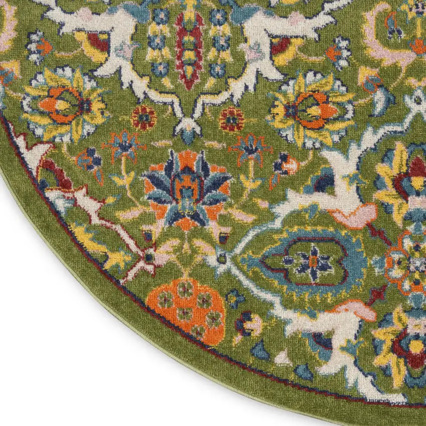 4' Green Red And Orange Floral Medallion Round Rug Photo 9