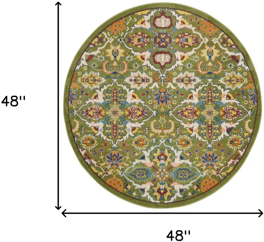 4' Green Yellow Blue and Red Round Floral Power Loom Area Rug Photo 3