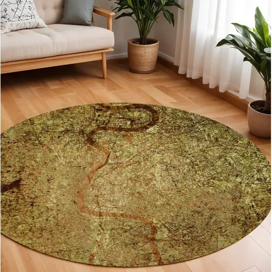 8' Green and Brown Round Abstract Non Skid Area Rug Photo 1