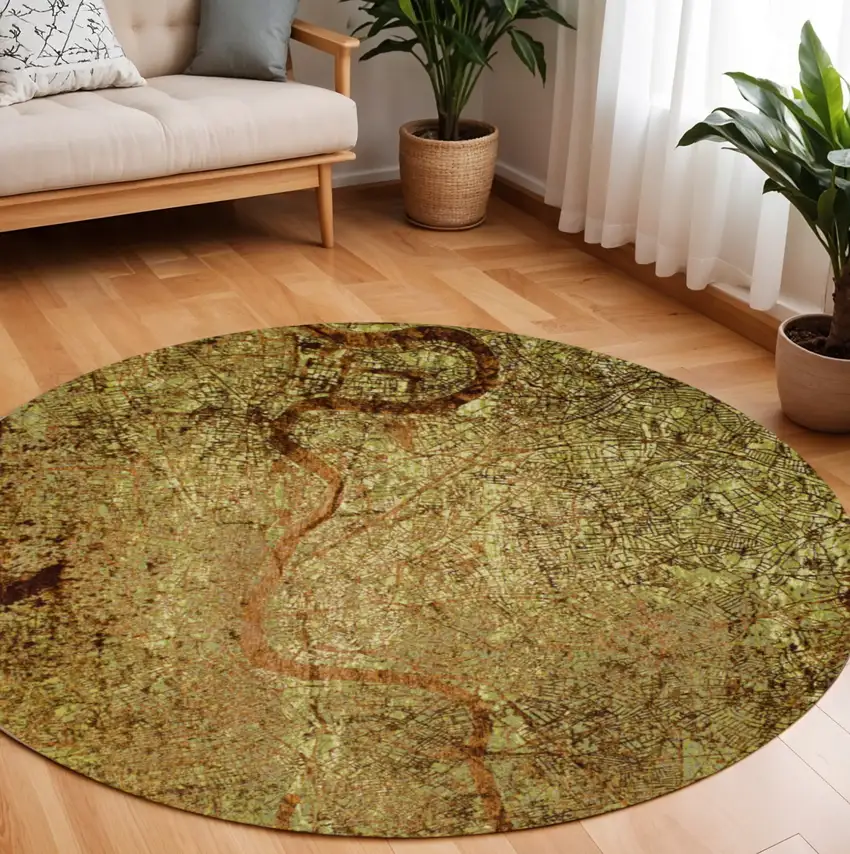 8' Green and Brown Round Abstract Non Skid Area Rug Photo 1