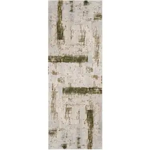 Photo of 13' Green and Ivory Abstract Power Loom Distressed Runner Rug