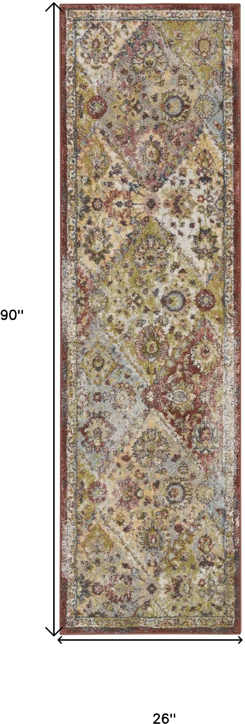 8' Green and Ivory Floral Distressed Runner Rug Photo 3