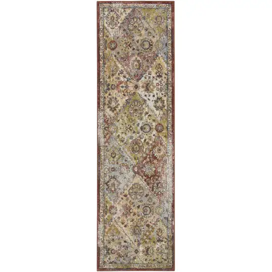 8' Green and Ivory Floral Distressed Runner Rug Photo 1