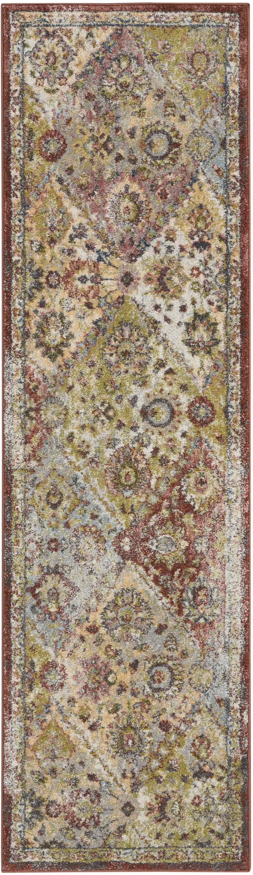 8' Green and Ivory Floral Distressed Runner Rug Photo 1