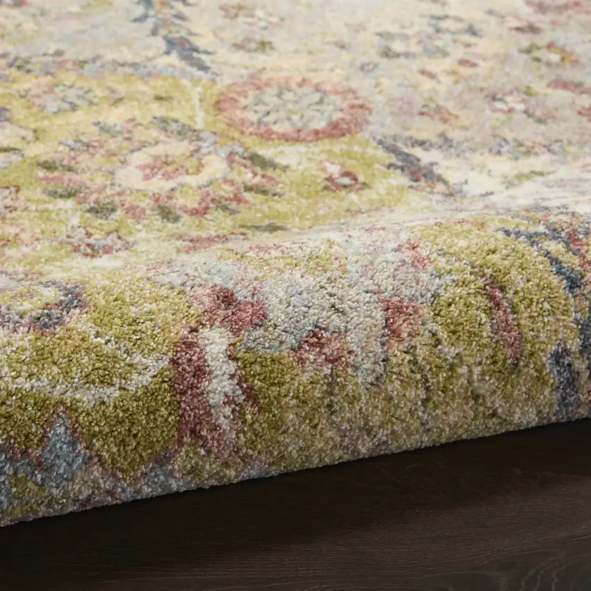 8' Green and Ivory Floral Distressed Runner Rug Photo 4