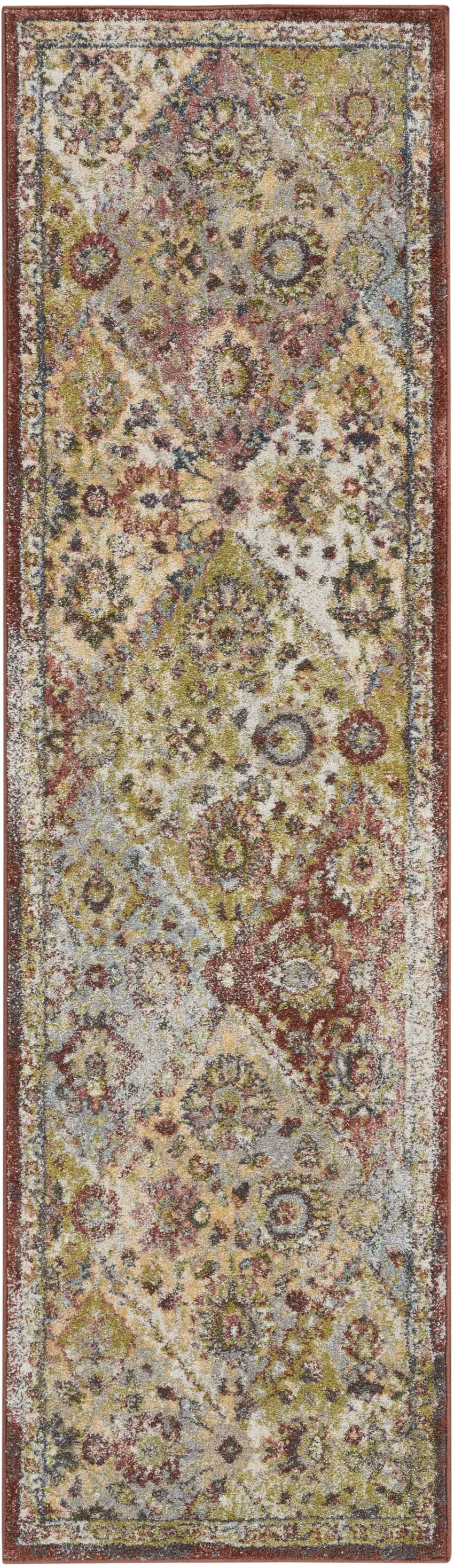 8' Green and Ivory Floral Distressed Runner Rug Photo 2