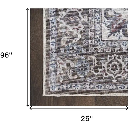 8' Green and Ivory Floral Power Loom Distressed Washable Runner Rug Photo 7