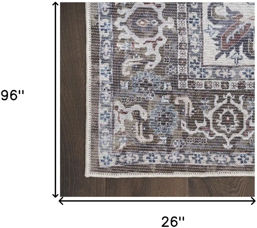 8' Green and Ivory Floral Power Loom Distressed Washable Runner Rug Photo 7