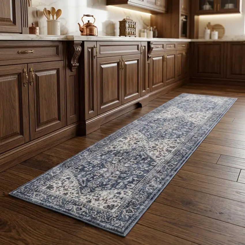 8' Green and Ivory Floral Power Loom Distressed Washable Runner Rug Photo 1