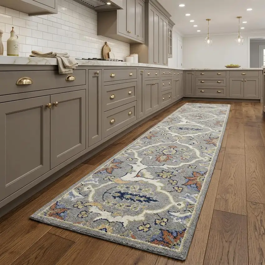 8' Green and Ivory Floral Power Loom Runner Rug Photo 1