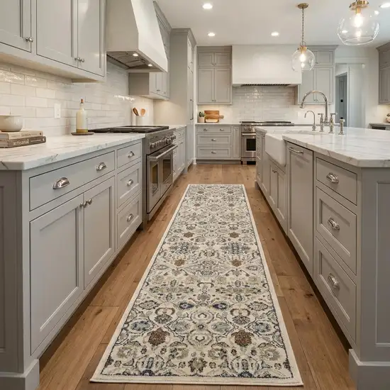 8' Green and Ivory Floral Power Loom Runner Rug Photo 1