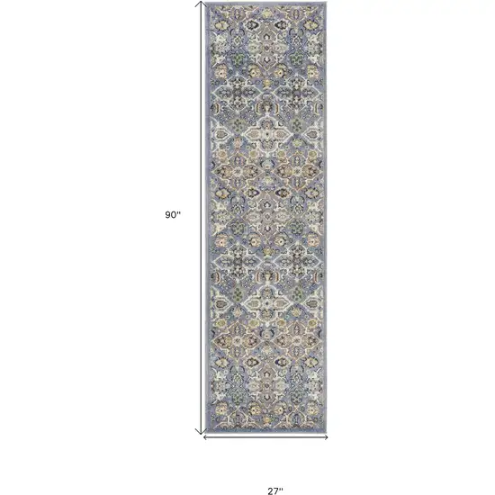 8' Green and Ivory Floral Power Loom Runner Rug Photo 7