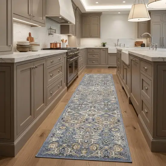 8' Green and Ivory Floral Power Loom Runner Rug Photo 1