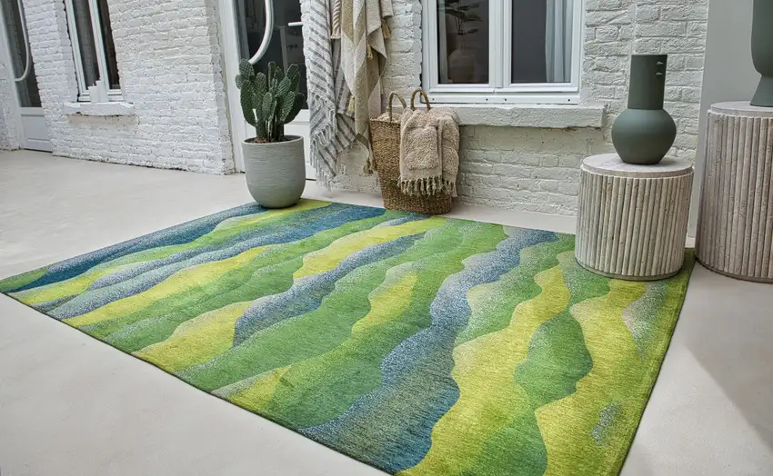 8' Green and Yellow Round Abstract Non Skid Area Rug Photo 8