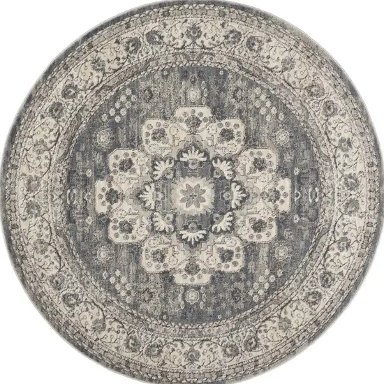 4' Grey And Ivory Round Oriental Power Loom Non Skid Area Rug Photo 3