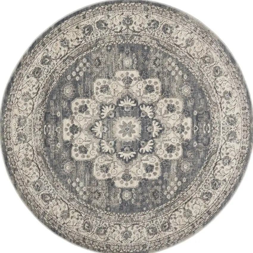 4' Grey And Ivory Round Oriental Power Loom Non Skid Area Rug Photo 3