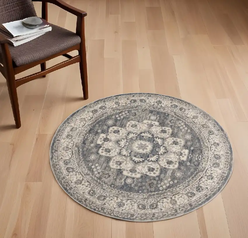 4' Grey And Ivory Round Oriental Power Loom Non Skid Area Rug Photo 1