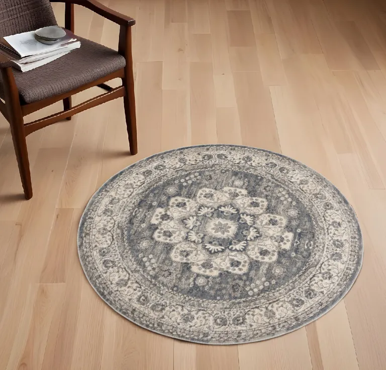 4' Grey And Ivory Round Oriental Power Loom Non Skid Area Rug Photo 2