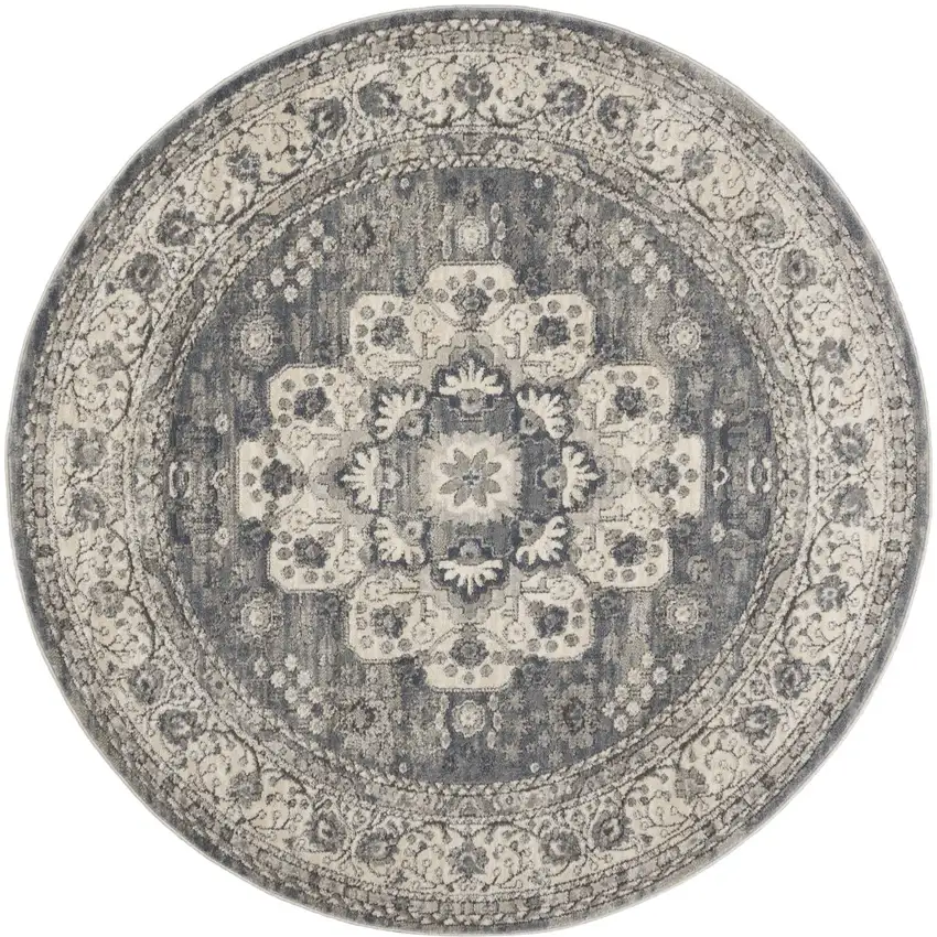 4' Grey And Ivory Round Oriental Power Loom Non Skid Area Rug Photo 2