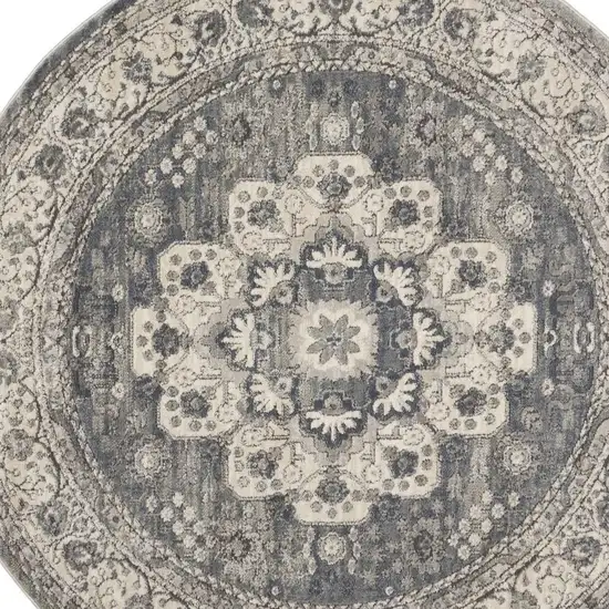 4' Grey And Ivory Round Oriental Power Loom Non Skid Area Rug Photo 1