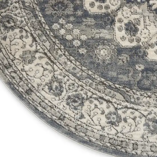 4' Grey And Ivory Round Oriental Power Loom Non Skid Area Rug Photo 8