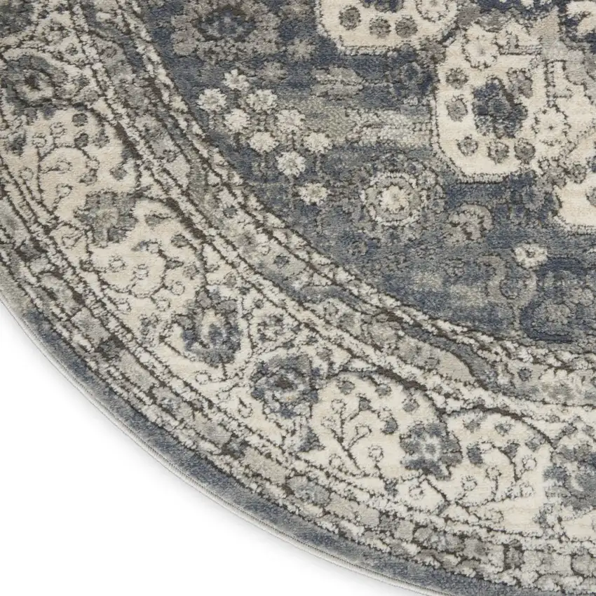 4' Grey And Ivory Round Oriental Power Loom Non Skid Area Rug Photo 8
