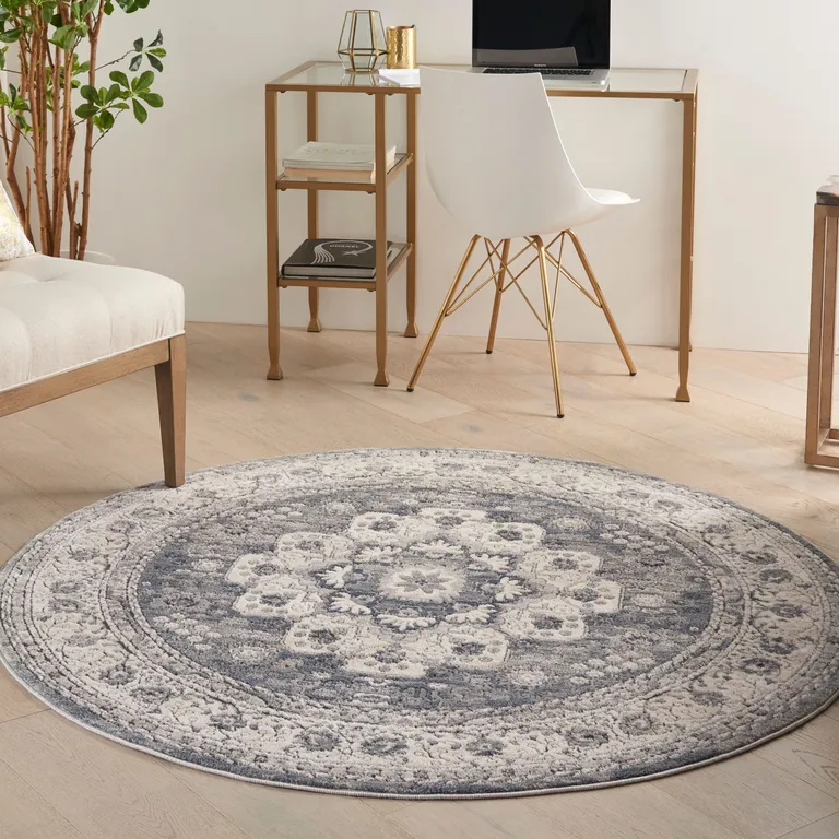 4' Grey And Ivory Round Oriental Power Loom Non Skid Area Rug Photo 5
