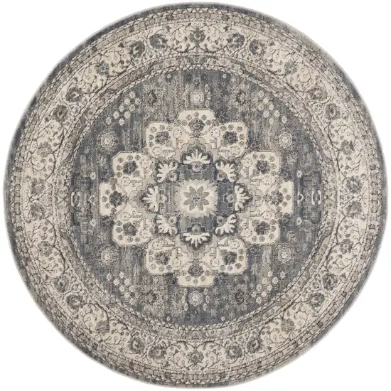 4' Grey And Ivory Round Oriental Power Loom Non Skid Area Rug Photo 1