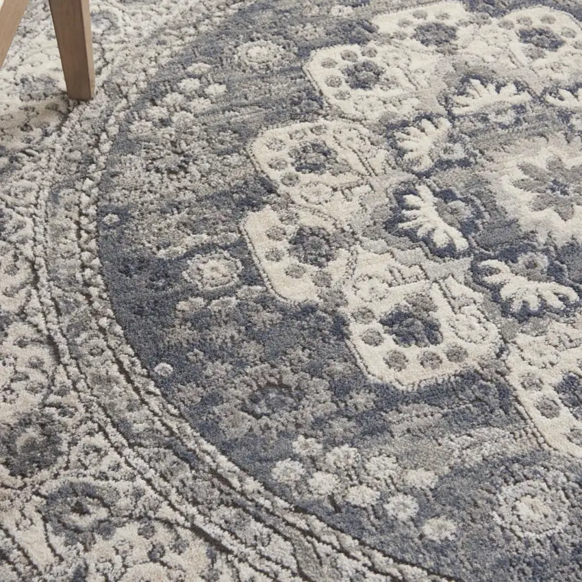 4' Grey And Ivory Round Oriental Power Loom Non Skid Area Rug Photo 9