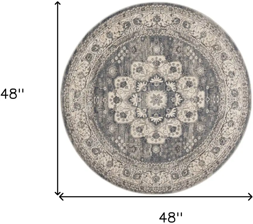 4' Grey And Ivory Round Oriental Power Loom Non Skid Area Rug Photo 6