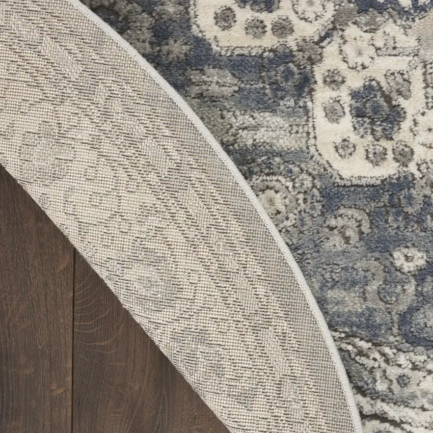 5' Gray And Ivory Oriental Distressed Round Rug Photo 9