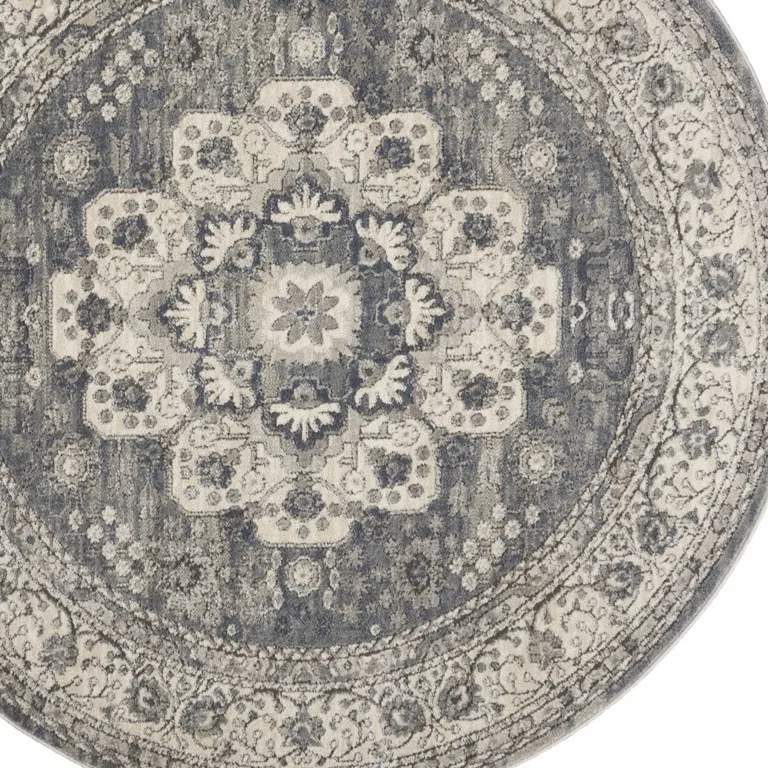 5' Grey And Ivory Round Oriental Power Loom Non Skid Area Rug Photo 3