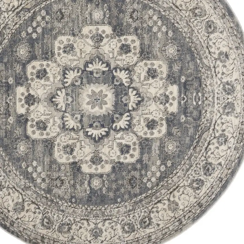 5' Grey And Ivory Round Oriental Power Loom Non Skid Area Rug Photo 4