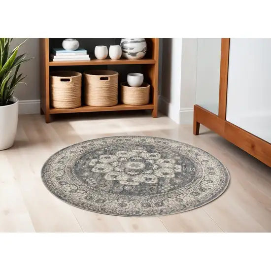 5' Gray And Ivory Oriental Distressed Round Rug Photo 1