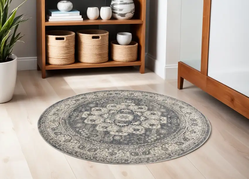 5' Gray And Ivory Oriental Distressed Round Rug Photo 1