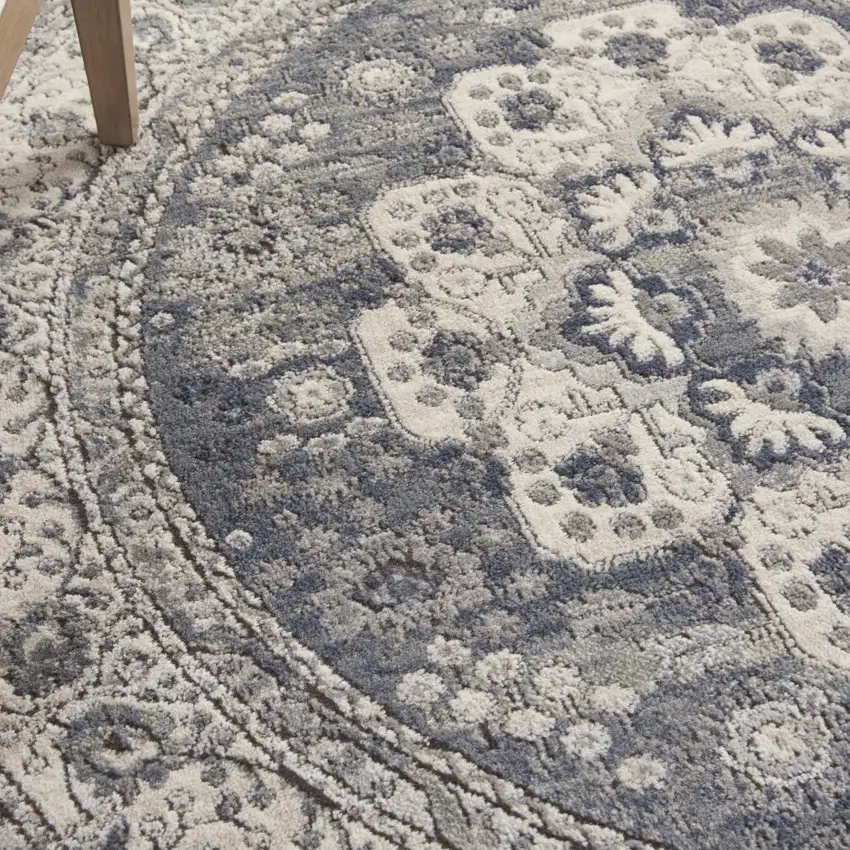 5' Grey And Ivory Round Oriental Power Loom Non Skid Area Rug Photo 6