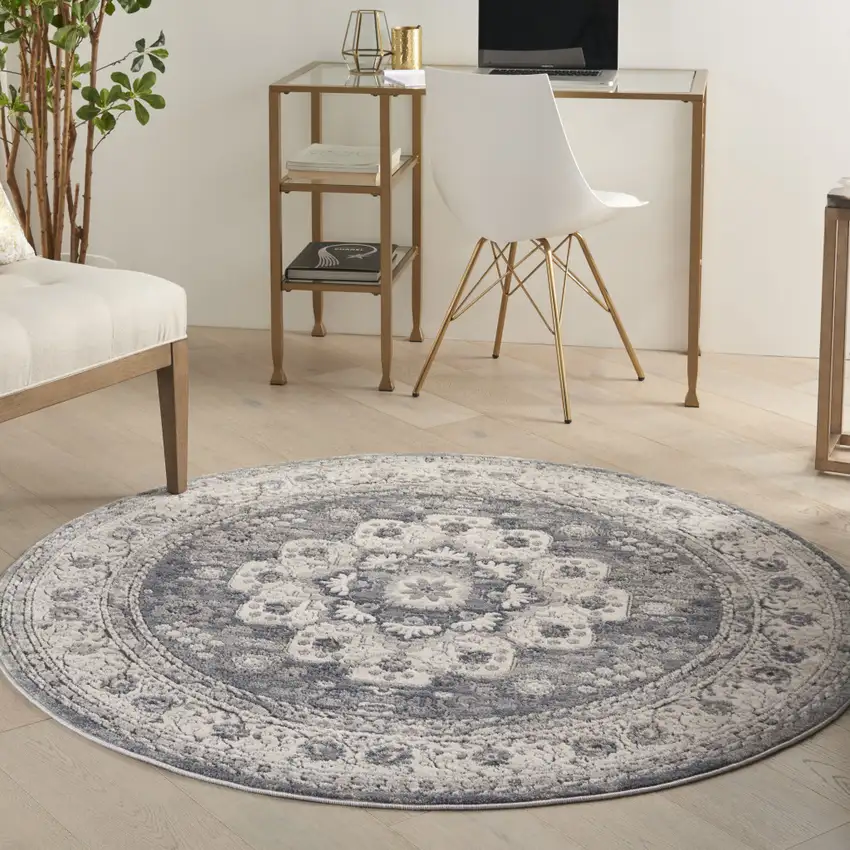 5' Gray And Ivory Oriental Distressed Round Rug Photo 5