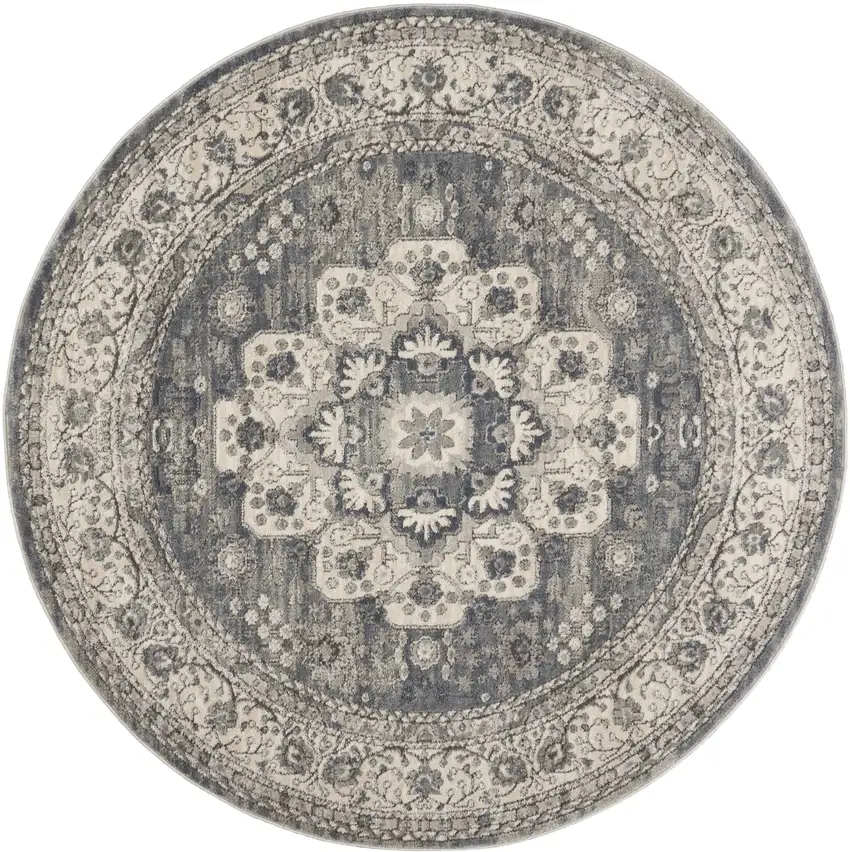 5' Gray And Ivory Oriental Distressed Round Rug Photo 4