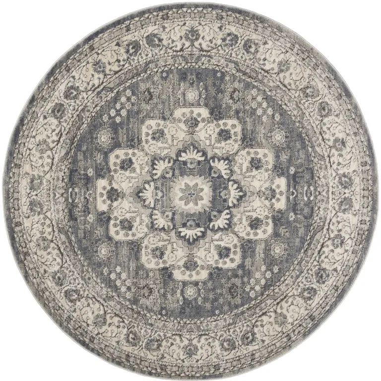 5' Grey And Ivory Round Oriental Power Loom Non Skid Area Rug Photo 2