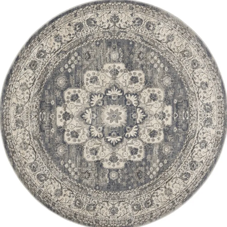 5' Grey And Ivory Round Oriental Power Loom Non Skid Area Rug Photo 4