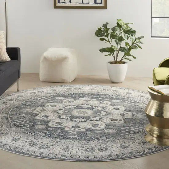 8' Grey And Ivory Round Oriental Power Loom Non Skid Area Rug Photo 5