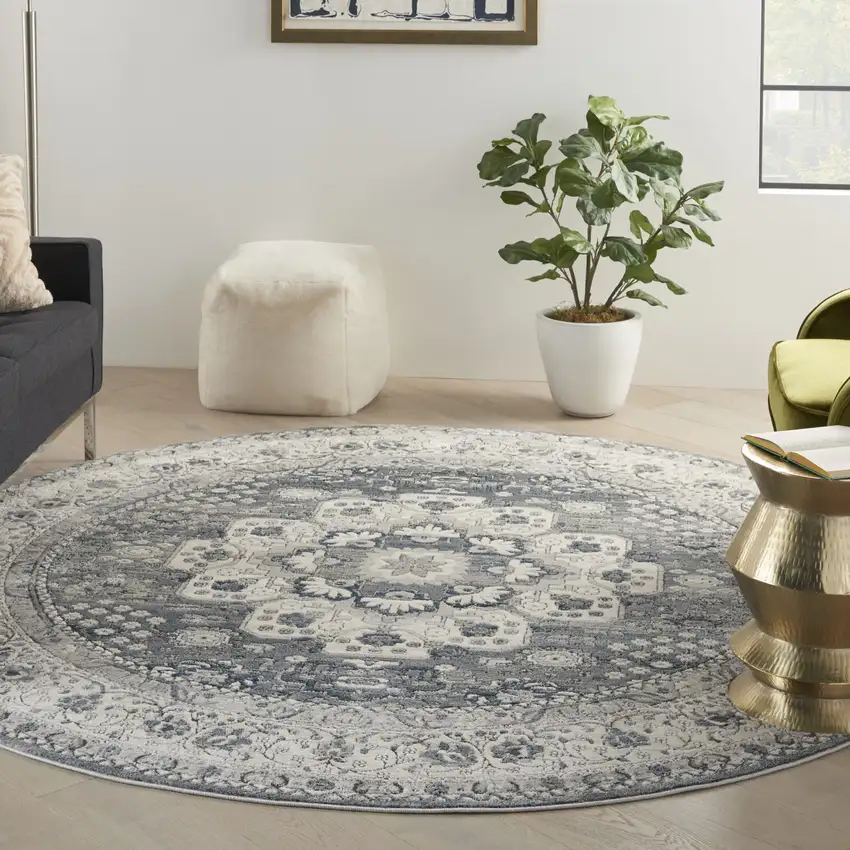 8' Grey And Ivory Round Oriental Power Loom Non Skid Area Rug Photo 5
