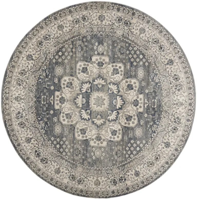 8' Grey And Ivory Round Oriental Power Loom Non Skid Area Rug Photo 3