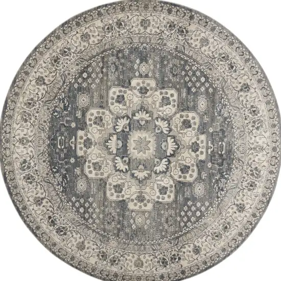 8' Grey And Ivory Round Oriental Power Loom Non Skid Area Rug Photo 1