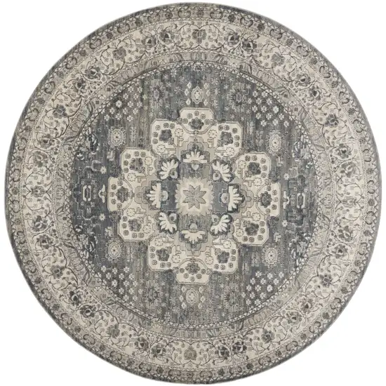 8' Grey And Ivory Round Oriental Power Loom Non Skid Area Rug Photo 4