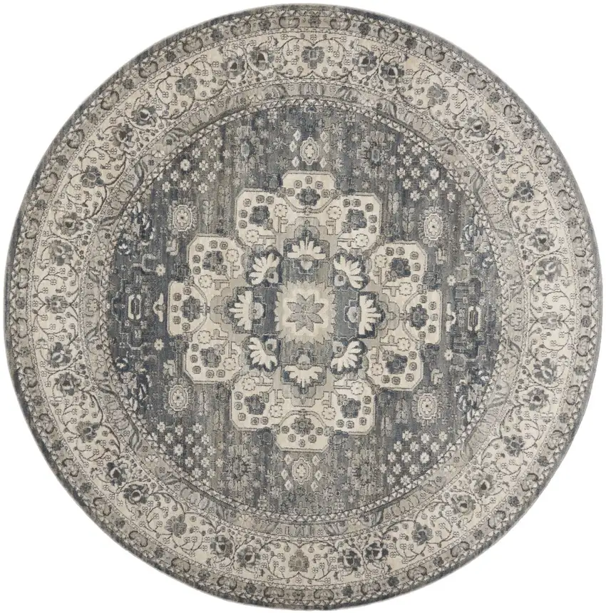 8' Grey And Ivory Round Oriental Power Loom Non Skid Area Rug Photo 4