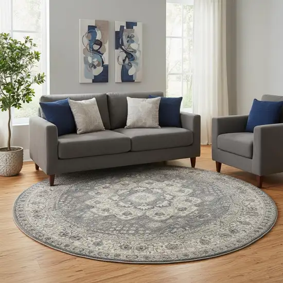 8' Grey And Ivory Round Oriental Power Loom Non Skid Area Rug Photo 1