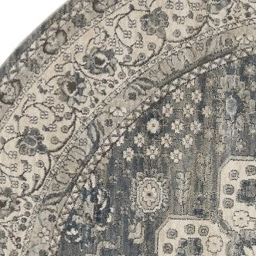 8' Grey And Ivory Round Oriental Power Loom Non Skid Area Rug Photo 3